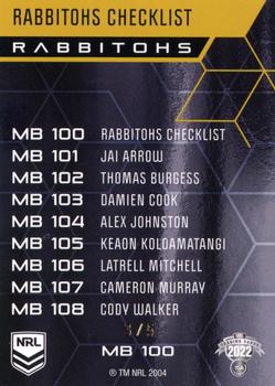 2022 NRL Elite - Mojo Black Diamond #MB 100 South Sydney Rabbitohs Checklist Back